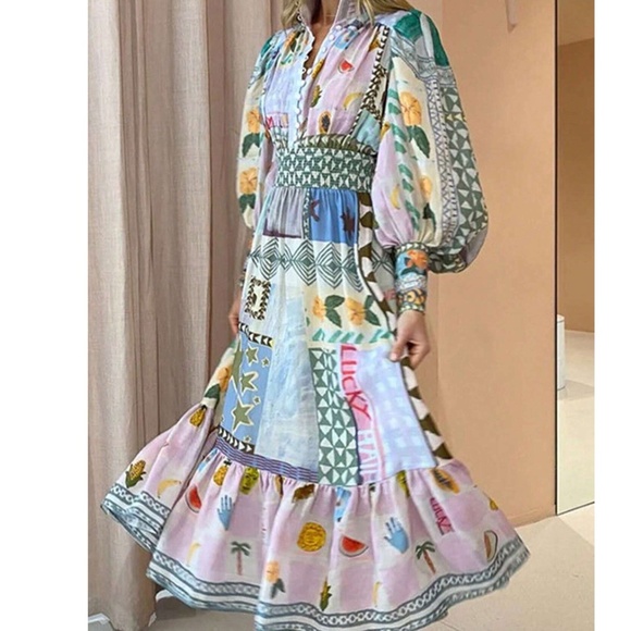 Boho Floral Star Mix Print Long Sleeve Maxi Dress - Picture 3 of 6